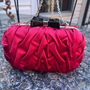 Red and Black Ruched Clutch with Chain Strap
